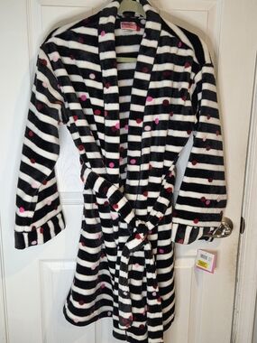 Kate Spade Black and White Striped Fleece Robe with Pink and Red Polka Dots
